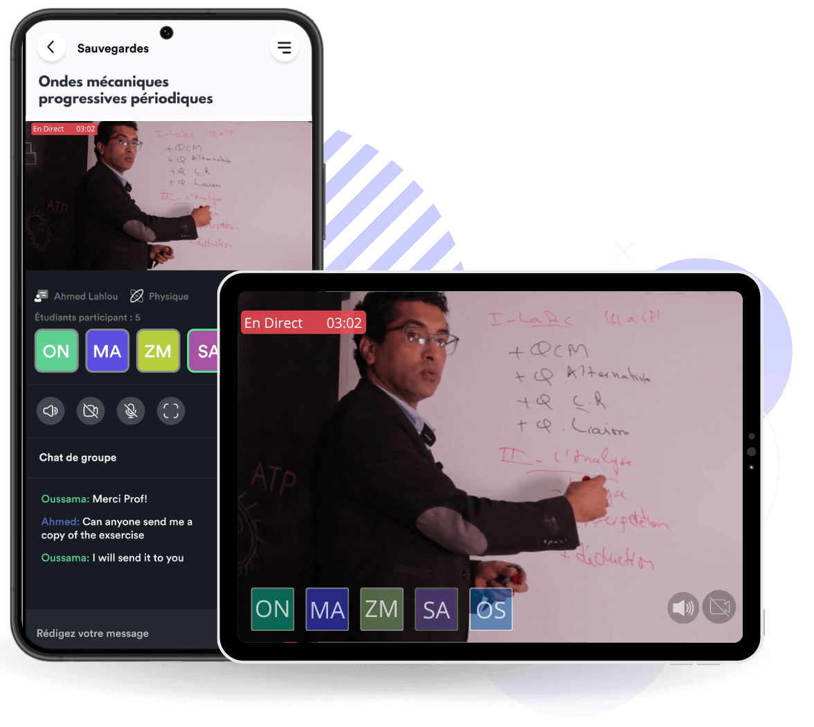 Interface prepX — cours LIVE avec prof, chat et participants